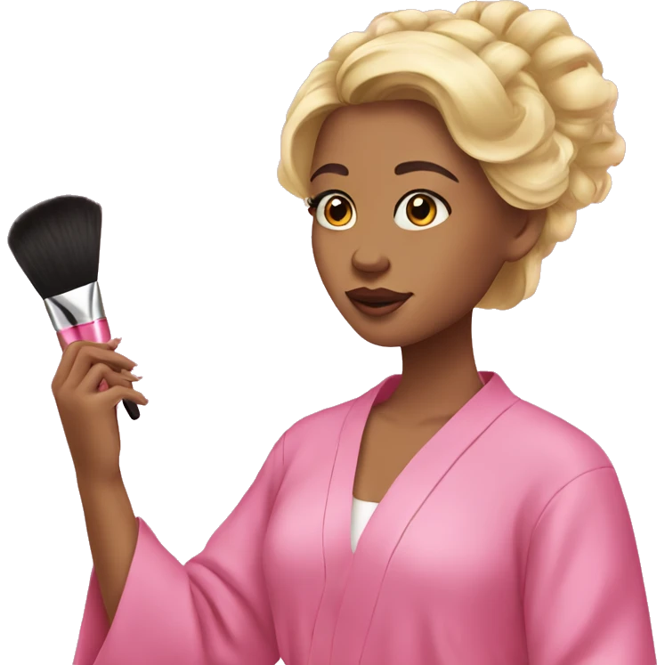 Girl with blonde hair and in pink robe doing makeup emoji