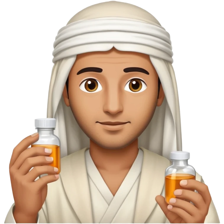 Arab man wearing traditional headdress holding medicine bottle or pill emoji