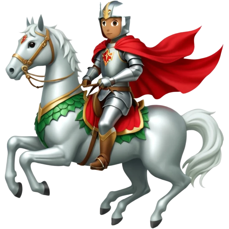 A knight in silver armor with a red cape, riding a white horse atop a green dragon. emoji