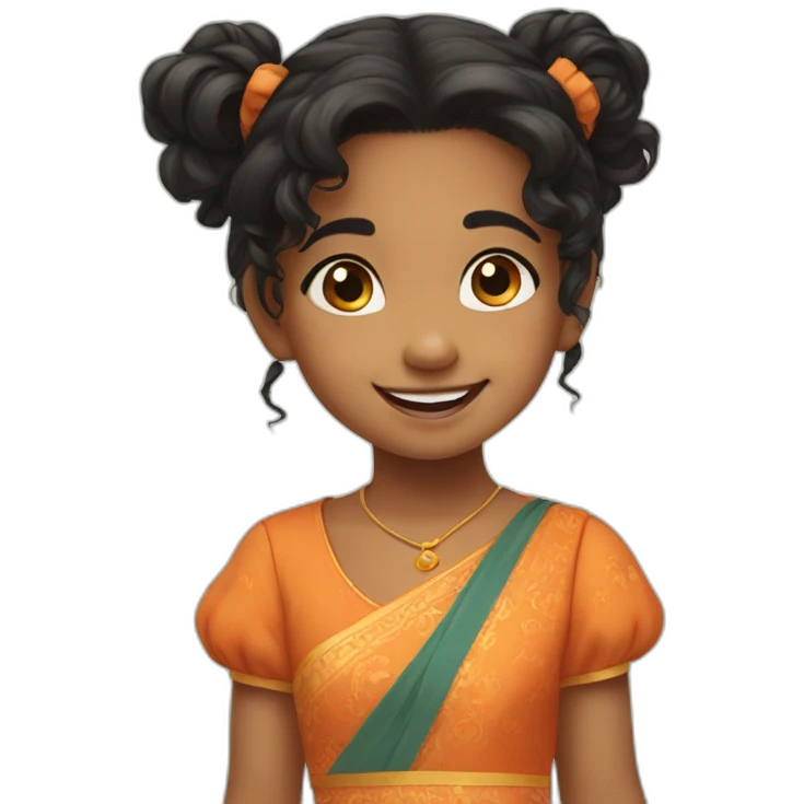 smiling and pointing 3 years old indian girl with black curly hair in pigtails wearing a orange dress emoji