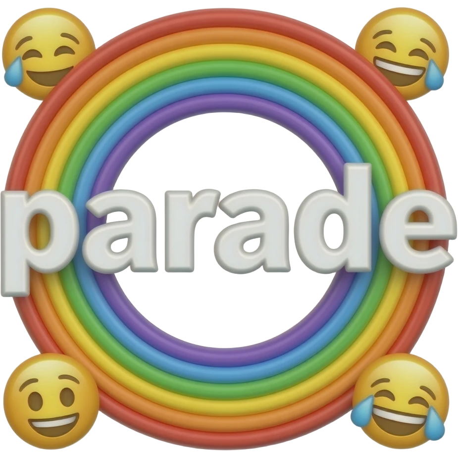 name "parade" in white typography lettering, each color of the rainbow as a border outlined around each letter, isolated, 3d rendering, no emoji icons no emoji faces and must have no human figures emoji