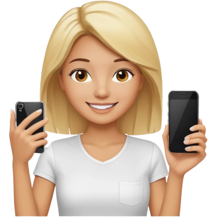 young woman with phone in her hand, happy, selfie style. @emoji emoji