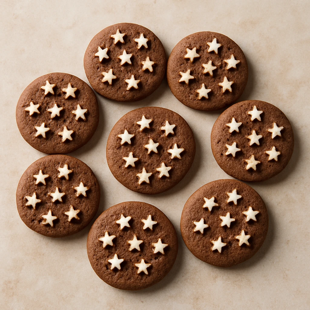 photo realistic Italian Pan di Stelle cookies arranged in a circle, white stars clearly visible emoji