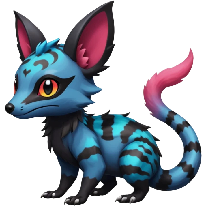 Rare exotic cute epic aesthetic gothic colorful Salandit-Eevee-Civet-species-Fakemon-hybrid-creature, with markings, full body emoji