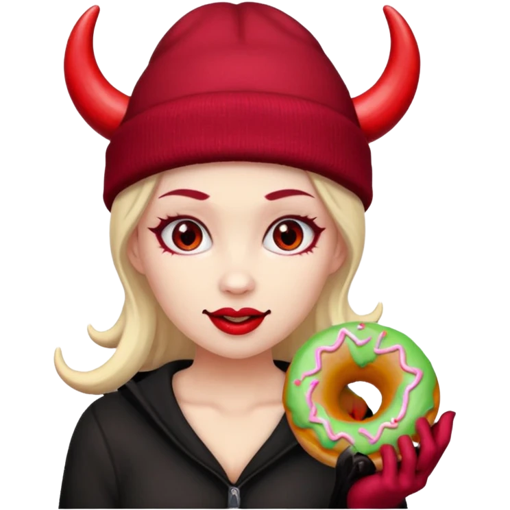 female devil wearing beanies holding donut emoji