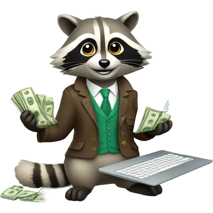 rich raccoon with laptop and money in hand emoji