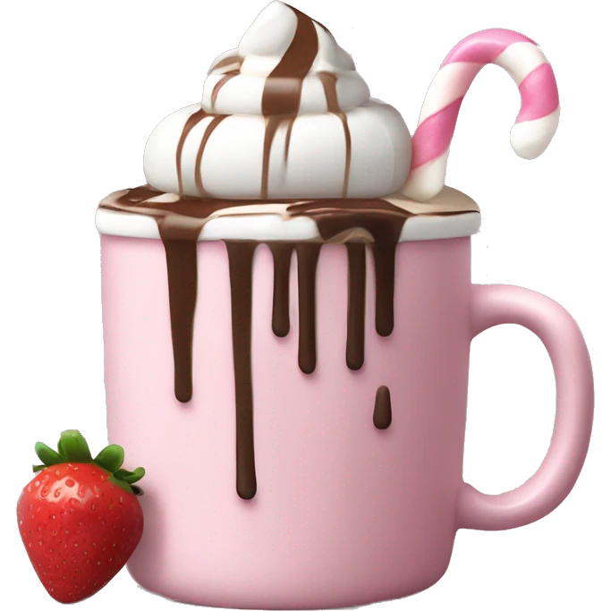 hot chocolate with mug and whip cream and chocolate drizzle and pale pink strawberry and marshmellows emoji