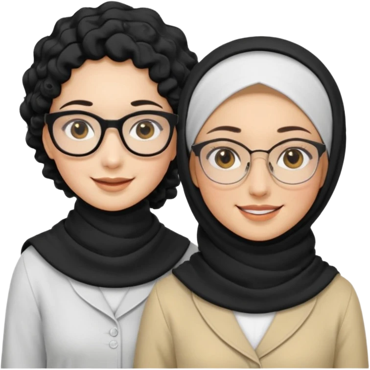 White hijabi girl with black eyes with another girl have long black hair wearing glasses with  another another girl have curly short  honey hair and wearing white glasses  emoji