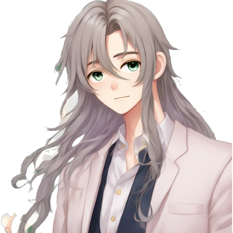 Gorgeous romantic hot attractive anime style modern gentlemanly anime shojo guy with long pretty lustrous hair and colorful eyes and blushing face aesthetic trending style  pastelcore cottagecore kawaiicore emoji