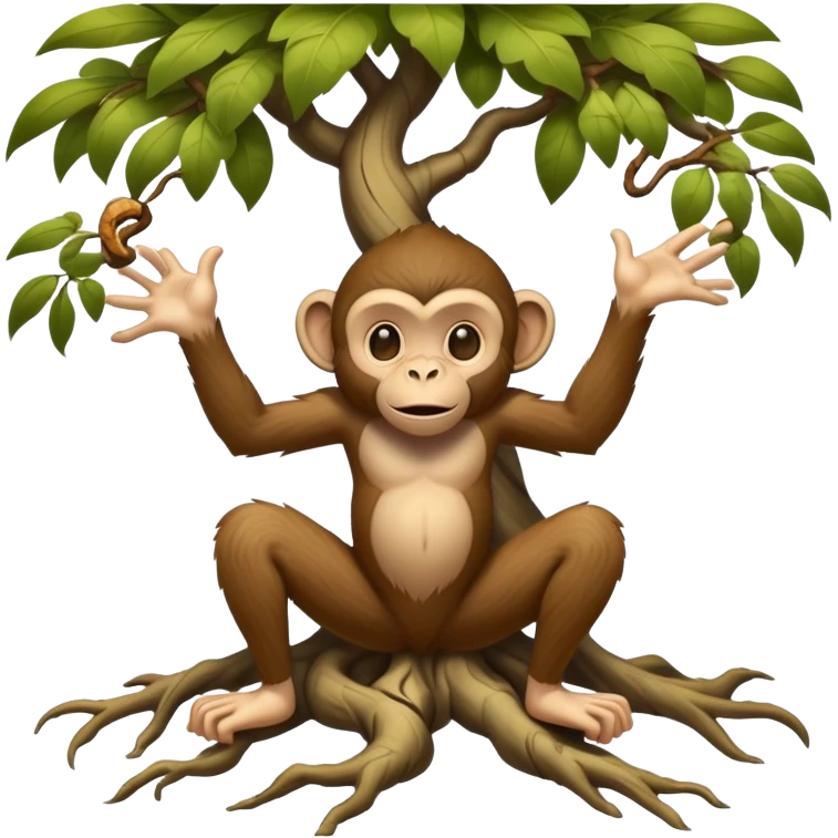 A mythical being standing on human feet with gnarly tree roots for legs and a playful monkey face emoji