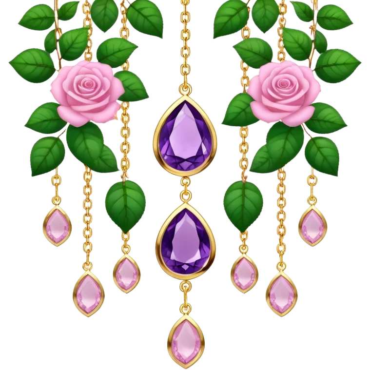 Hanging suncatcher, gold chains with shiny sparkly amethyst and rose-quartz gemstones, roses, beautiful leaves, gorgeous aesthetics emoji