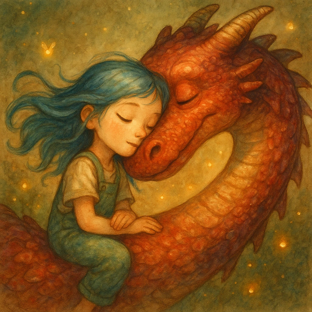 A dreamy, ethereal illustration of a young girl peacefully sleeping on the long, curved neck of a red dragon, cheek to cheek. Her blue hair flows gently as if caught in a soft breeze, and she wears delicate green overalls. The dragon’s skin has intricate, painterly textures, glowing subtly under the warm, golden light. Tiny fireflies and soft, ambient light enhance the magical atmosphere. Highly detailed, whimsical, children's book illustration style, with soft yet rich colors, gentle lighting, and a fantasy storytelling feel. Watercolor-like textures, hand-painted aesthetics, cinematic composition. emoji