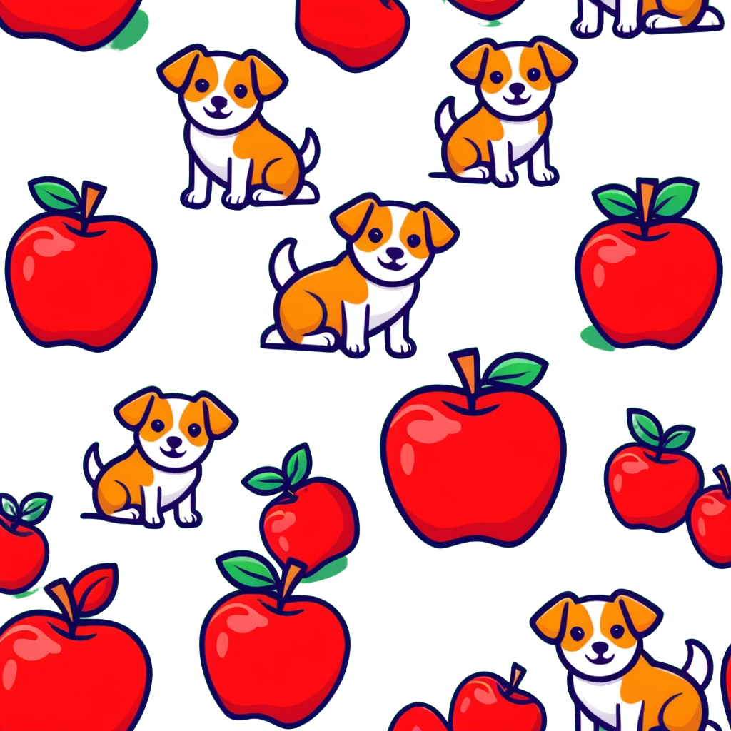 Group of cute dogs piling on a red apple emoji