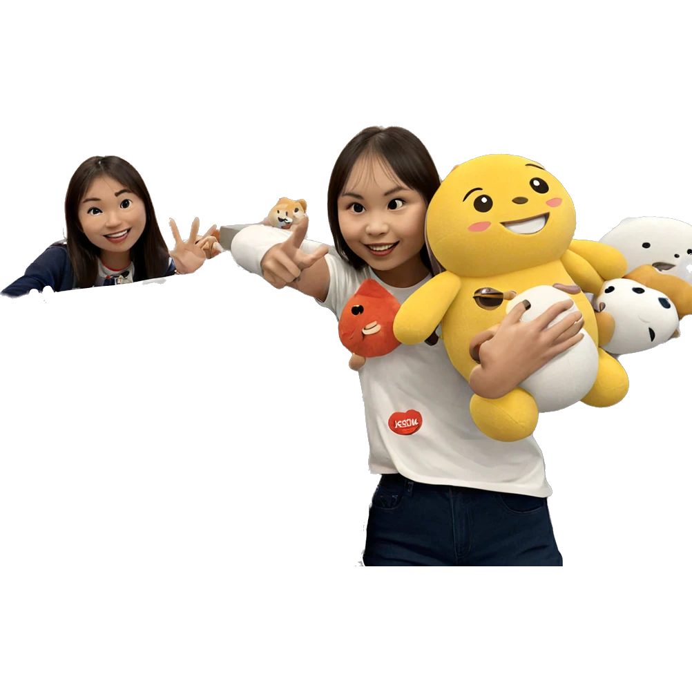 smiling girl with stuffed toy emoji