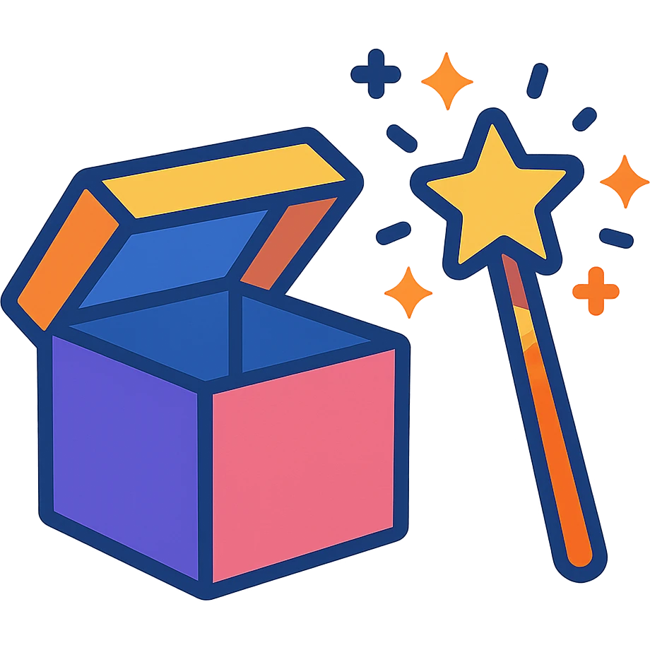 a colorful cartoon style illustration of a box and a magic wand, vibrant colors, suitable for an icon emoji