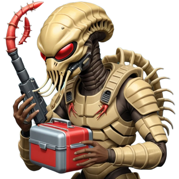 The Predator, as in the 1987 movie, with full armor, shoulder laser gun and mask eating an Alien facehugger from a lunchbox, the setting should be dark and sci-fi. emoji