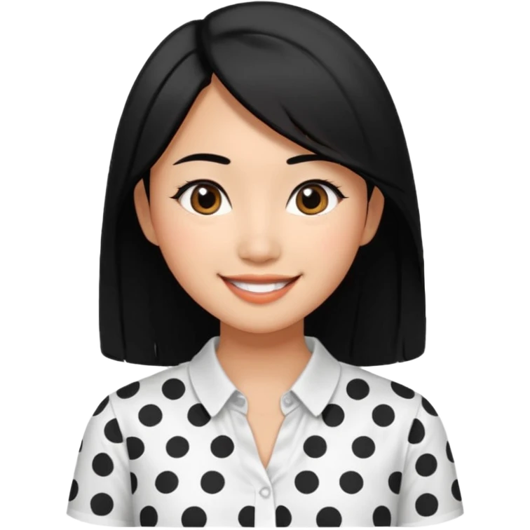 20 yr old asian woman hair  center part big eyes big smile tanned skin straight black hair hippie part hair white blouse with black dots emoji