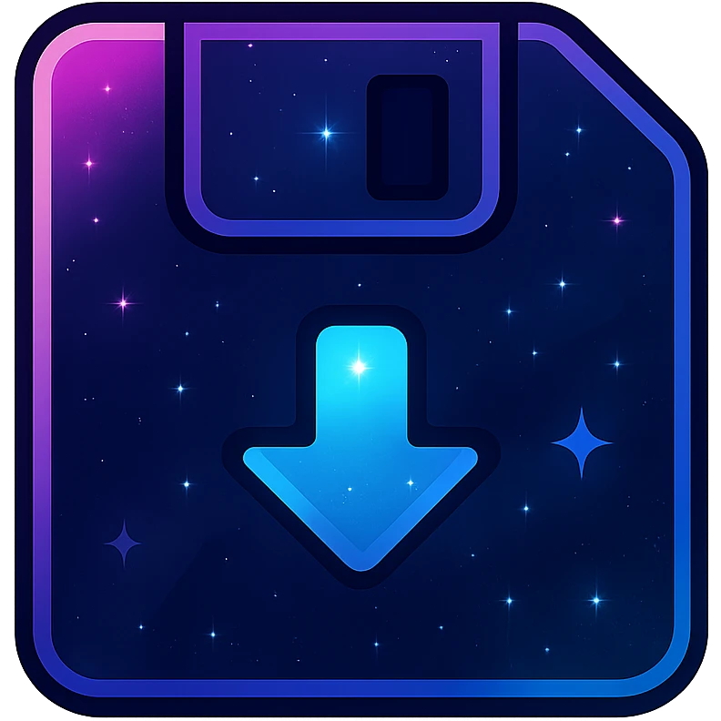 save icon, modern clean abstract save symbol with neon border and glowing effect, dark purples blues blacks base, nebula gradients, small bright stars, specular highlights, luminous look emoji
