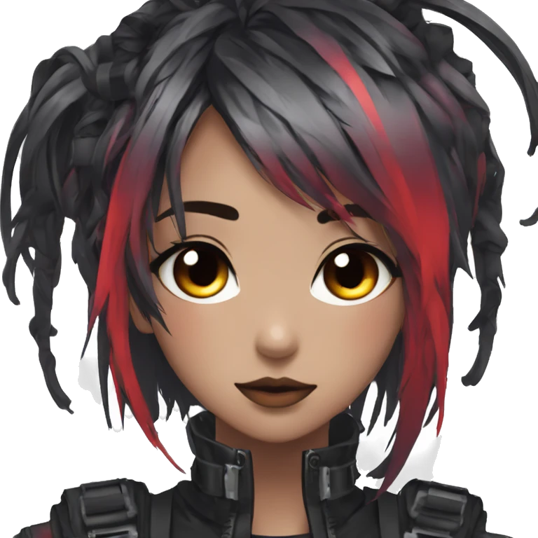 Gorgeous shiny colorful techwear anime style lady with blushing face aesthetic and pretty edgy black red punk messy hair with collar and harness trending style emoji