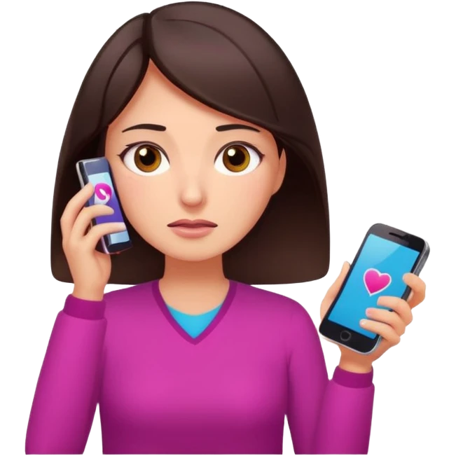 Social media manager. She has dark brown hair, brown eyes, overwhelmed expression, tired eyes, slightly stressed face,a holding a smartphone with notifications piling up. Use vibrant colors with a focus on pink and fuchsia tone emoji
