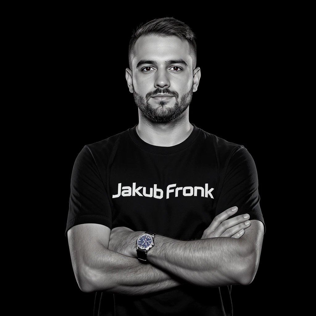 Csgo pro player profile proffesional photo, low key light back light, man standing crossed hands with tshirt with text "Jakub Fronk" black solid background emoji