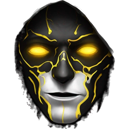 A digital painting of a SPECTRE, cyberpunk man with glowing yellow eyes and black and white face paint, wearing a dark hooded cloak, portrait, intricate details, silver ornate circular frame emoji