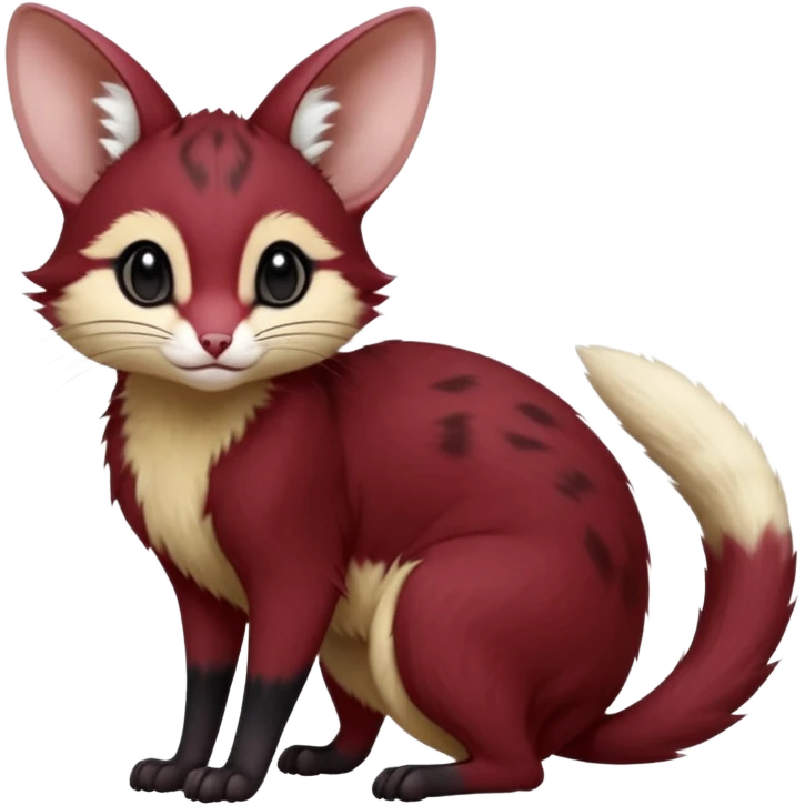 Wine-Red, black-pointed, soft realistic romantic vintage antique divine beautiful elegant pretty precious cute young youthful  Fakémon-Pokémon-opossum-feline-mouse-serval-caracal-chinchilla-Minccino-Cinccino-Meowstic-rodent-hybrid-creature with a big fluffy bushy tail (full body) emoji