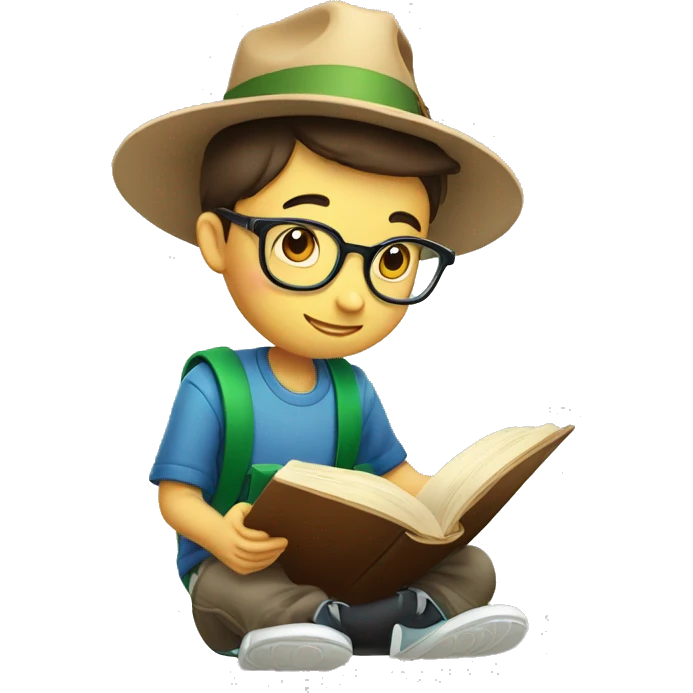 a smart boy reading book with graducation hat emoji