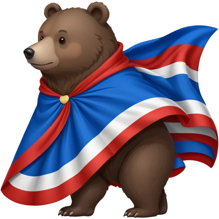 Medium-dark brown bear on all four legs with Russian flag (white, blue, red horizontal stripes) draped over its back like a cape or cloak, flowing slightly, side view emoji