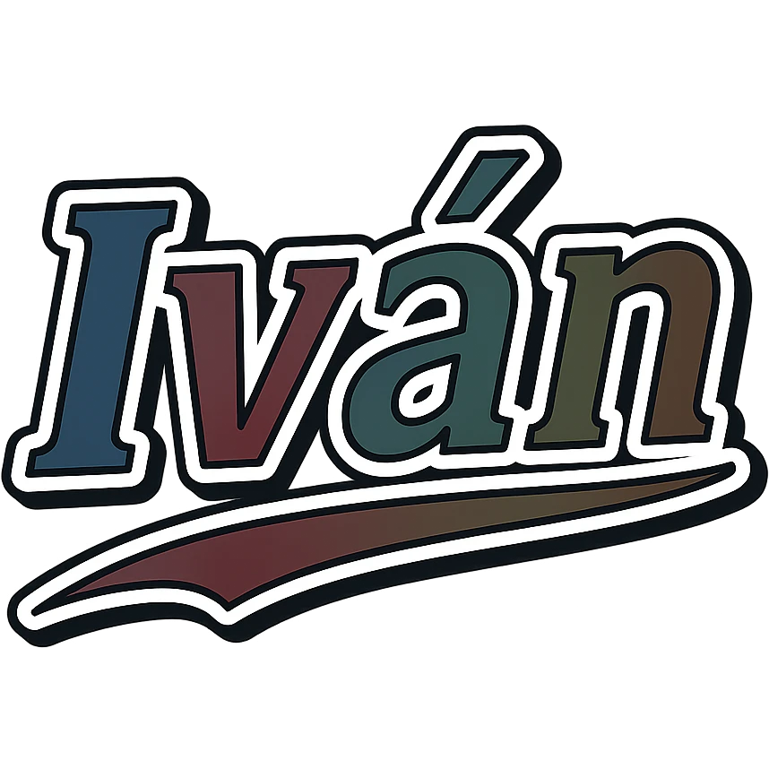 Text image of the name 'Iván' in a masculine, modern, gradient font with precise Hungarian characters, dark contour, prominent and clearly visible white border as in sample images, dynamic slanted underline, masculine color shades including blue, gray, burgundy, green, and brown, 1000x1000 px, PNG, transparent background. emoji