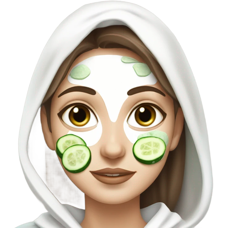 White girl with Brown hair and blue eyes wears a Green colored skincare clay textured mask and puts on cucumbers around her eyes while She relaxes in her white Robe emoji