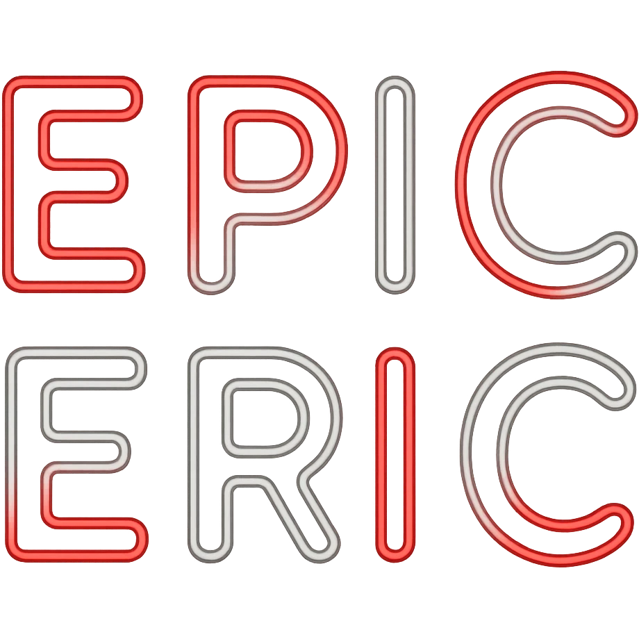 Make the neon sign 'epic eric' animated with a red and white glow on a transparent background. The animation should highlight the neon effect with vibrant red and white glowing lights. emoji