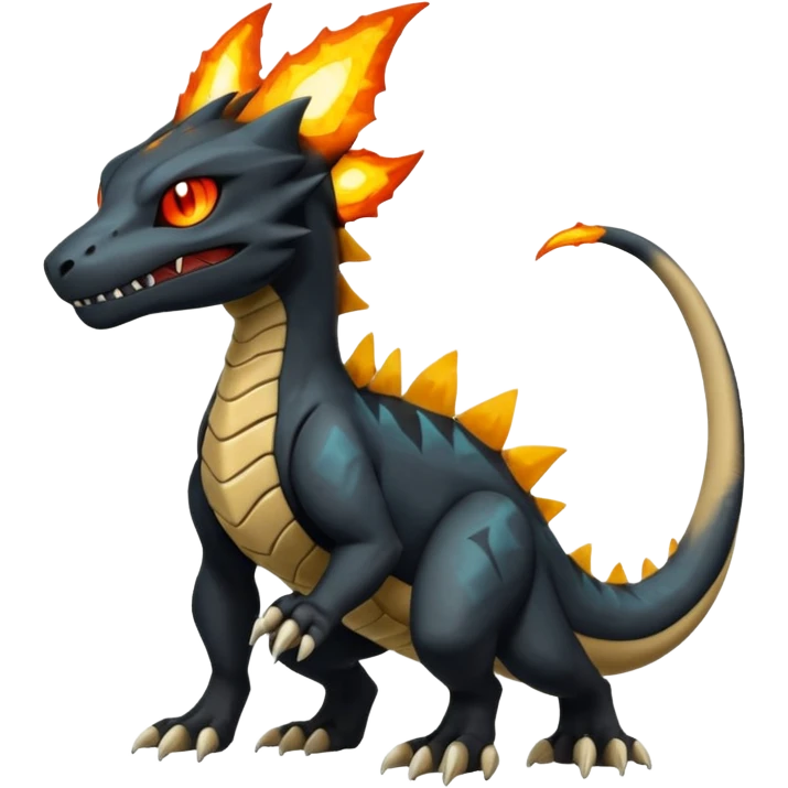 Magmatic fiery badass cool obsidian-Black and golden-orange Helioptile-Marowak-Salamence-Fakémon-hybrid-creature (full body)  emoji