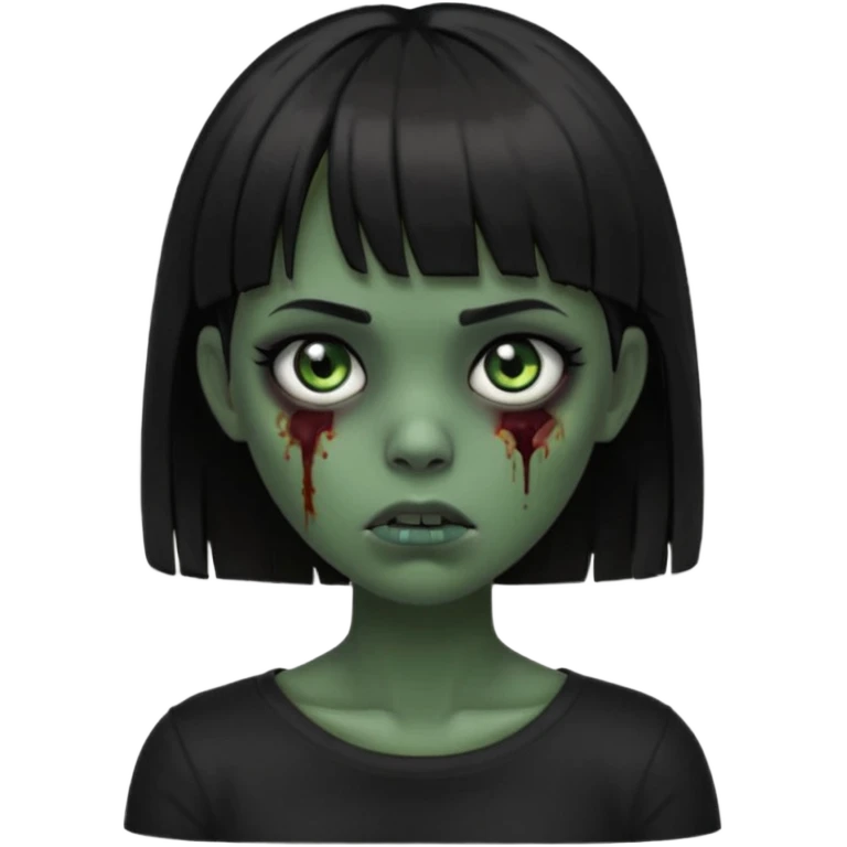 Zombie girl emoji verde escuro com cabelo curto liso preto no ombro e franja na altura da sobrancelha cobrindo completamente a testa, usando uma blusa preta, com a cor dos olhos sendo PRETOS  emoji