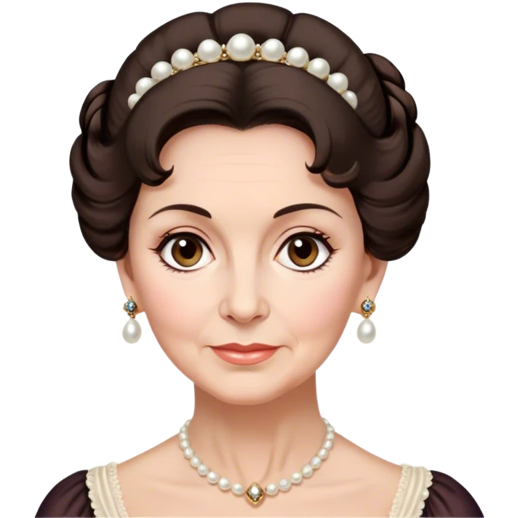 middle-old age lady with dark brown hair, styled in an elegant Regency-era updo, Soft brown eyes, kind but firm gaze, Wears delicate pearl earrings, emoji