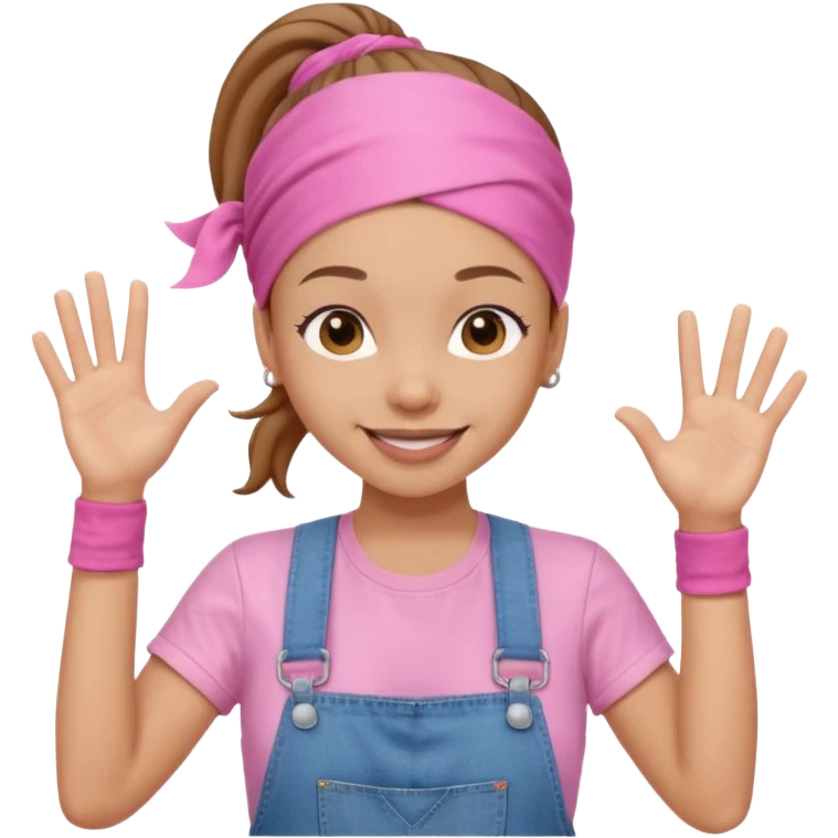 Light skin woman with brown ponytail and light pink head bandana. pink t-shirt with denim overalls. Expression is friendly with big smile and waving hello emoji