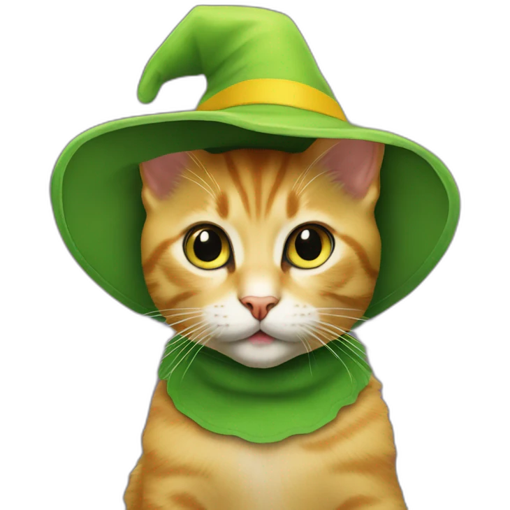 kitten wearing a stanley ipkiss green halloween mask and wearing a yellow hat from the film the mask emoji