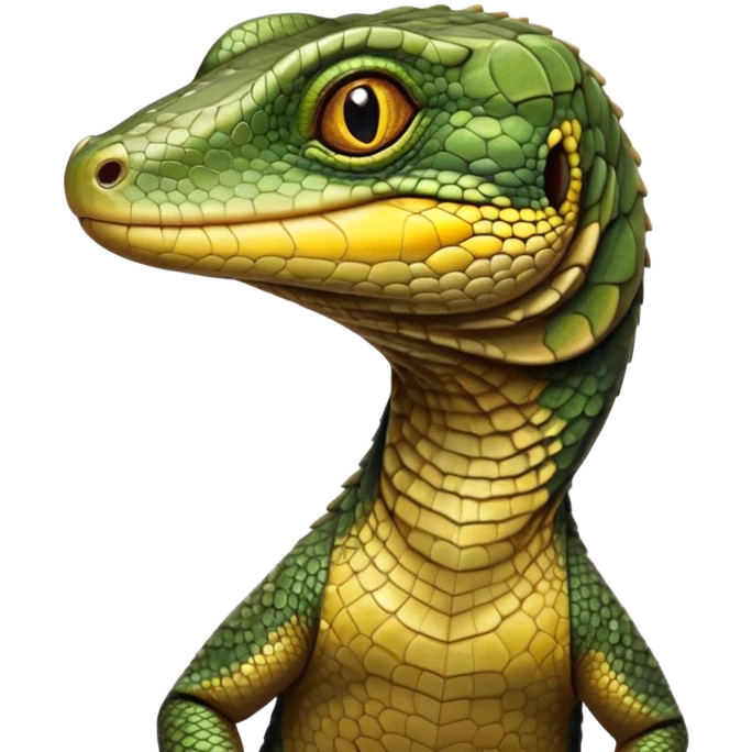 cinematic-realistic-cute-monitor-lizard-portrait-emoji,-head-tilted-playfully-and-inquisitively,-featuring-a-compact,-agile-body-with-finely-detailed,-glossy-scales-in-earthy-olive-hues-and-a-distinct,-alert-face-with-bright,-curious-eyes, yellow, brown spotted and green multi coloured  scales emoji