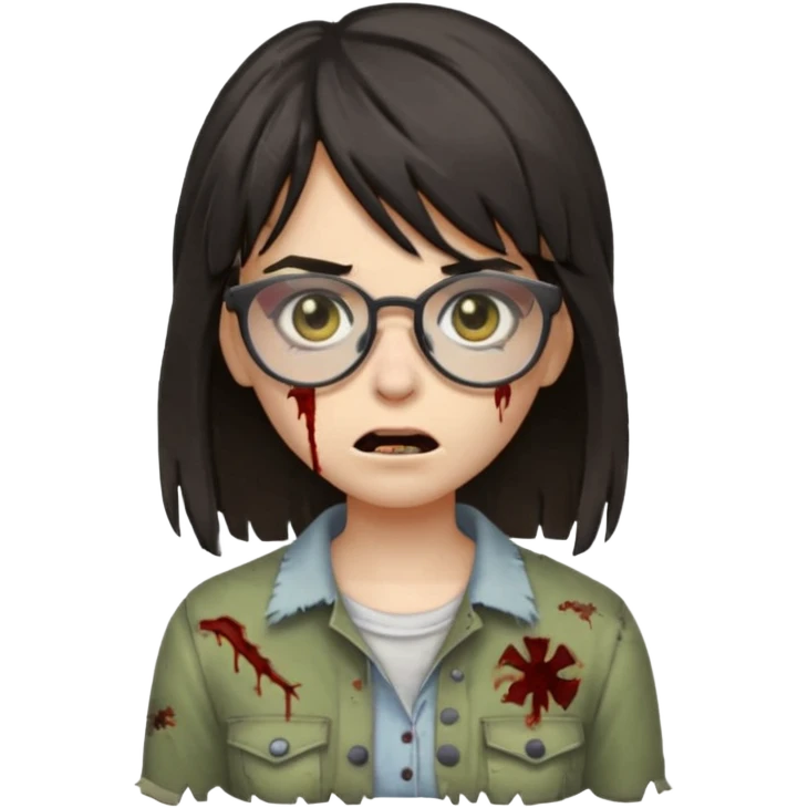  iPhone emoji is a zombie girl with dark hair long below her shoulders bangs and a ragged haircut gray eyes glasses  emoji