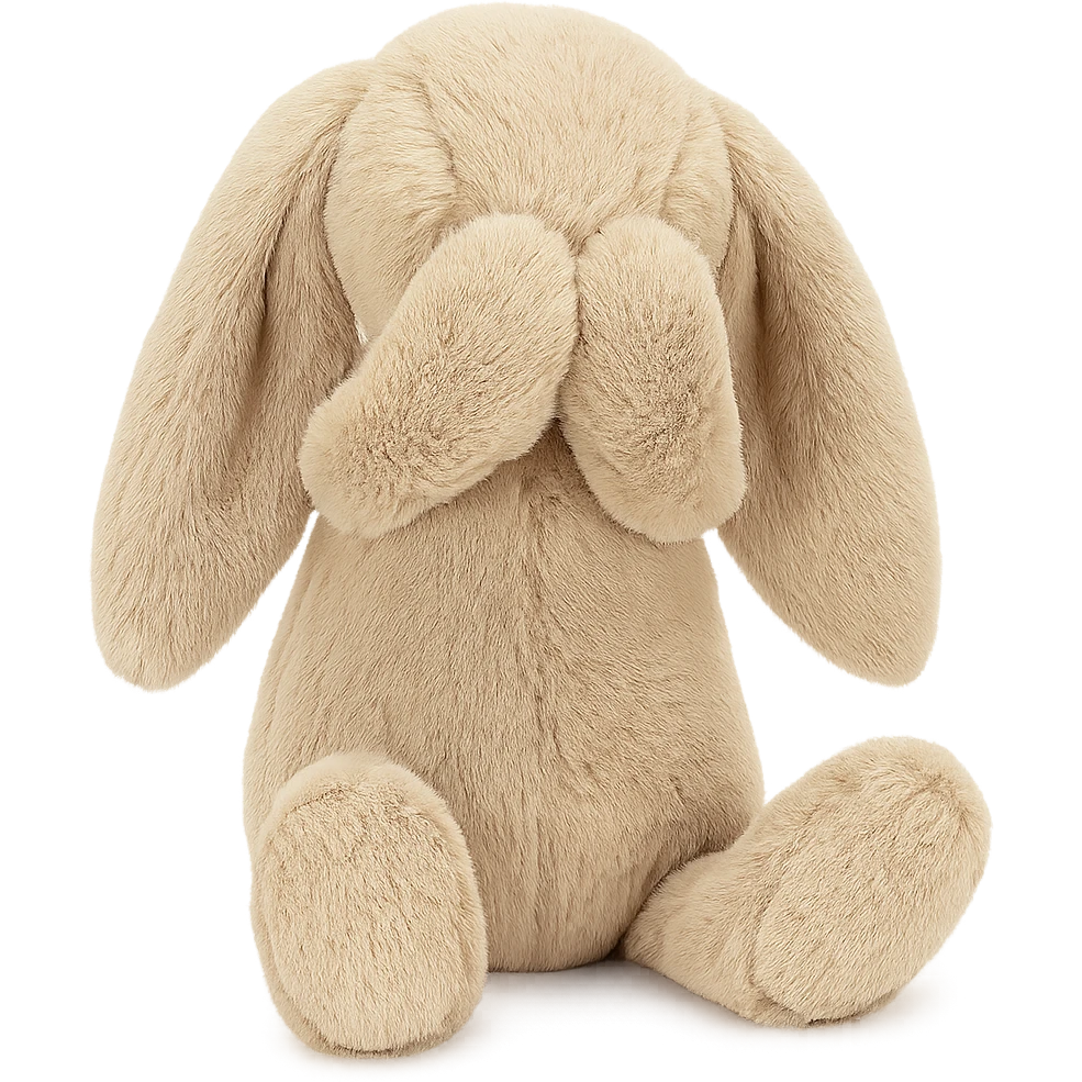 beige Jellycat Bashful Bunny plush, sitting with paws covering face, floppy ears emoji