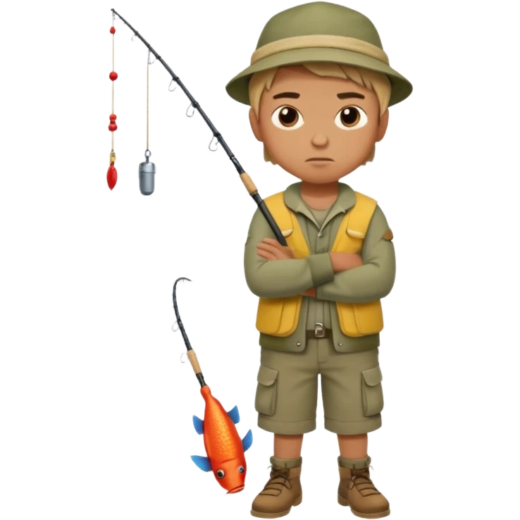 A boy with crossed arms, looking annoyed, dressed in fishing clothes full body emoji