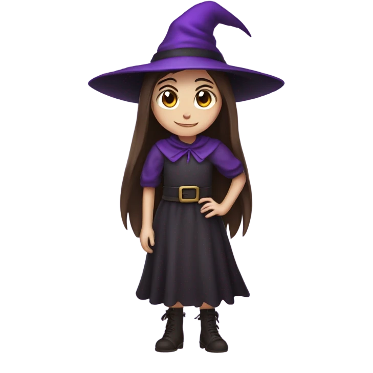 a young white thin girl with straight brown hair and dark eyes dressed as a witch with purple hat emoji