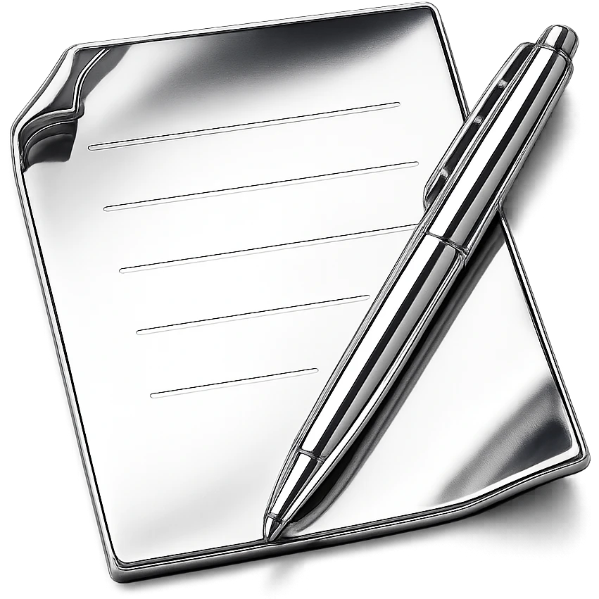 stylized chrome sheet of paper with a shiny pen placed diagonally, futuristic and smooth emoji