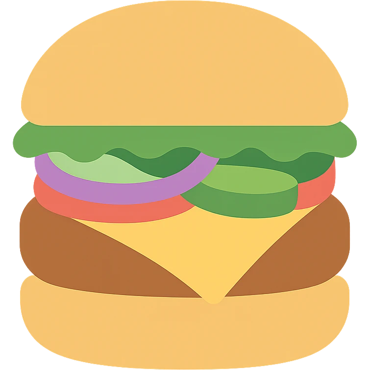 burger emoji with halved bun, salad, pickle, onion, tomato cutlet, sauce, cheese, halved bun emoji