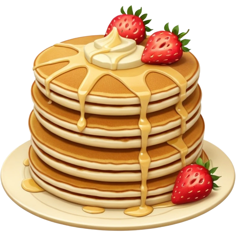 a stack of 3 pancakes with melted white chocolate and strawberries on the top pancake  emoji