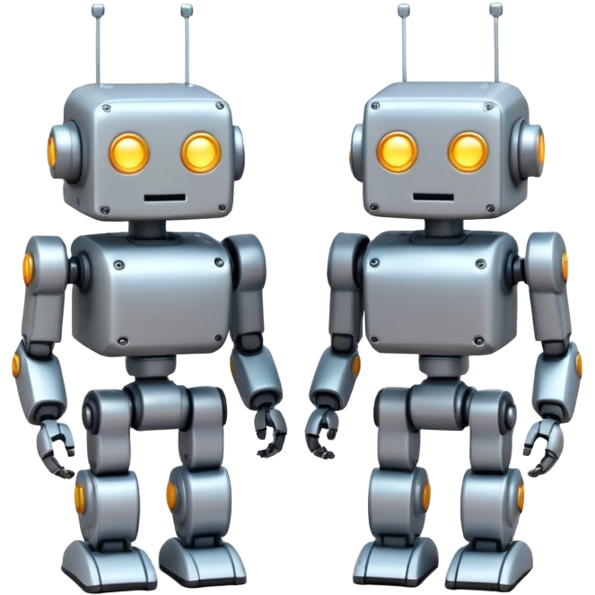 Two cute mini pixel-art robots standing side by side, slightly leaning toward each other in a friendly pose, shoulder to shoulder, soft friendly f pixels between robots, cinematic space backfi atmosphere, volumetric lighting, soft bloom effect, high detail, ultra clean render, centered  emoji