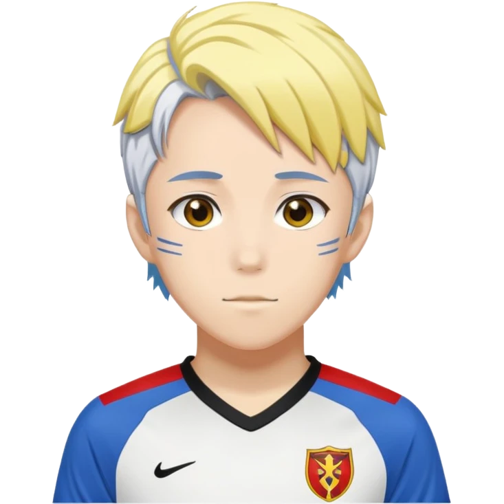 High school soccer player. Wears a uniform with red based and black on sides and yellow. His hair is a mixture of white on the top and blue on the bottom. He is a anime character from Bluelock and is Dutch. emoji