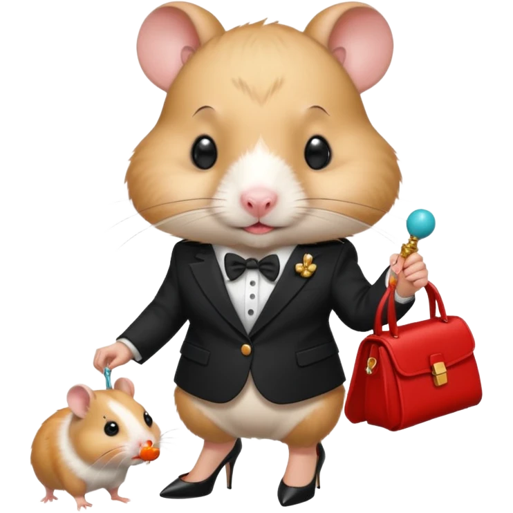 Mama hamster wearing ysl blazer and heals and baby hamster with dummy in his mouth emoji