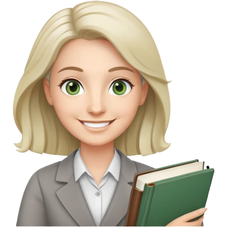 smiling English teacher with airtouch hair and grey-green eyes holding books and teaching materials emoji