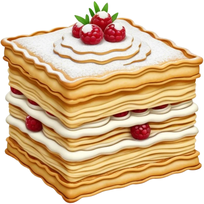 Cinematic Realistic Mille-Feuille Dessert Emoji, depicted as layered puff pastry with rich cream and a dusting of powdered sugar rendered with intricate textures and elegant, soft lighting. emoji